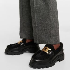 TOD’S Kate Shearling Platform Loafer Genuine Suede Leather Sheepskin Gold Logo